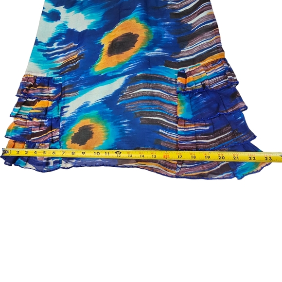 FREE PEOPLE Silk Beads Rhinestones Ruffles Blue & Orange Watercolor Halter Dress - Picture 6 of 16